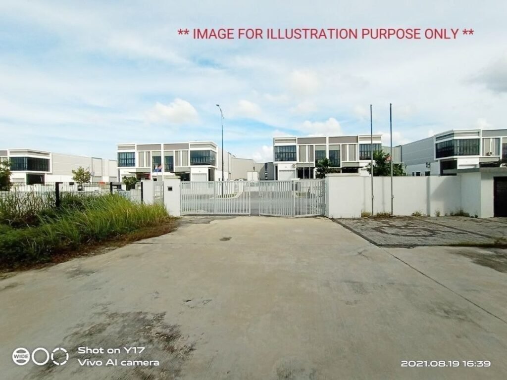 Wide view of the gated entrance and surrounding industrial units