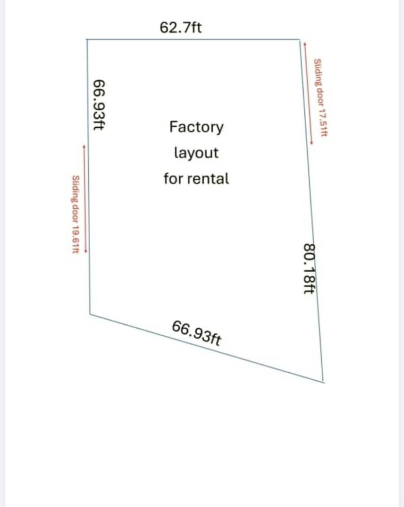 Layout sketch showing approximate factory dimensions and sliding door positions