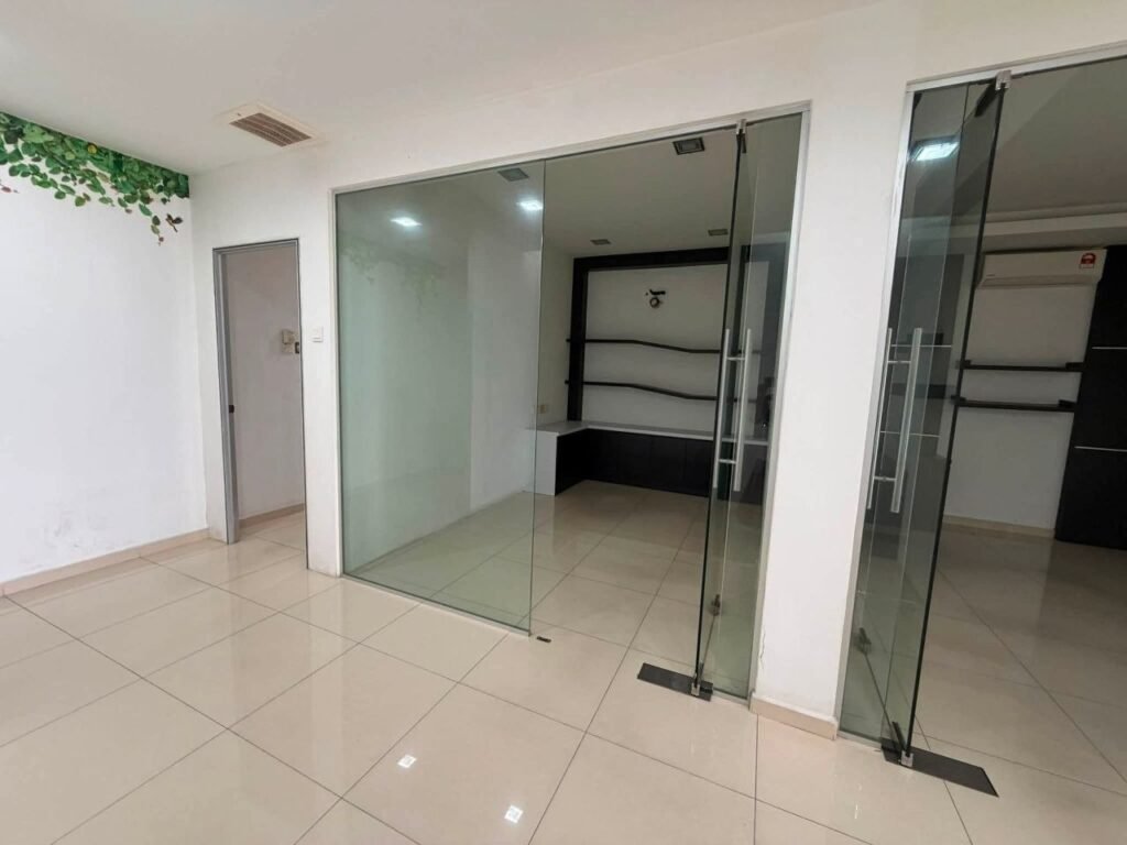 Interior with glass partition and built-in shelving