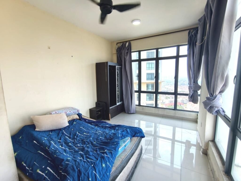 Bedroom with bed, wardrobe, and floor-to-ceiling window with city view.