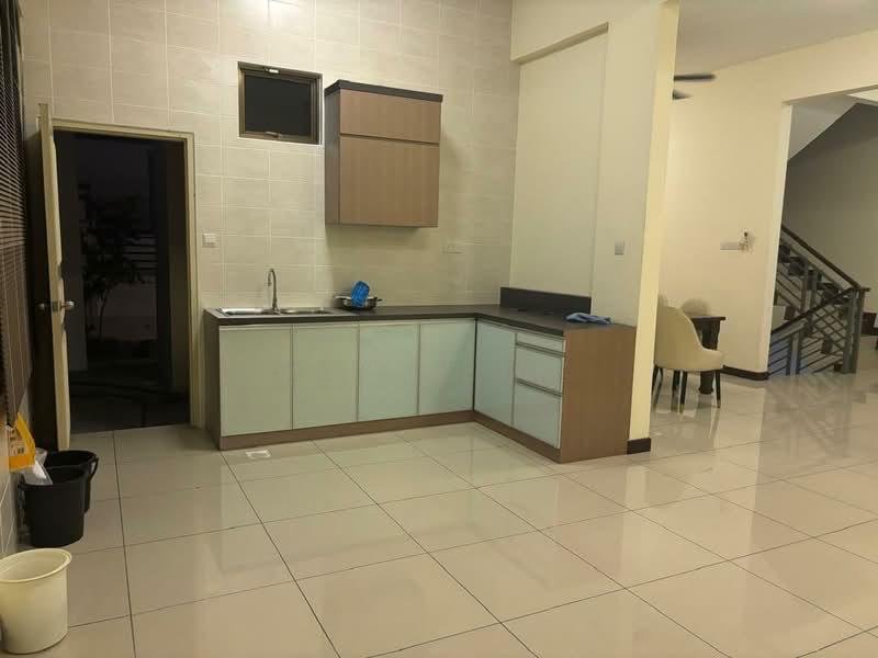 Kitchen with built-in cabinets and open-plan tiled living space