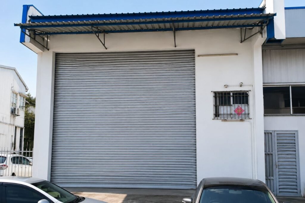 Front exterior of an industrial unit with large roller shutter and gated frontage