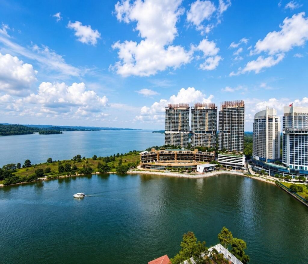 Wide view of the waterfront development and sea