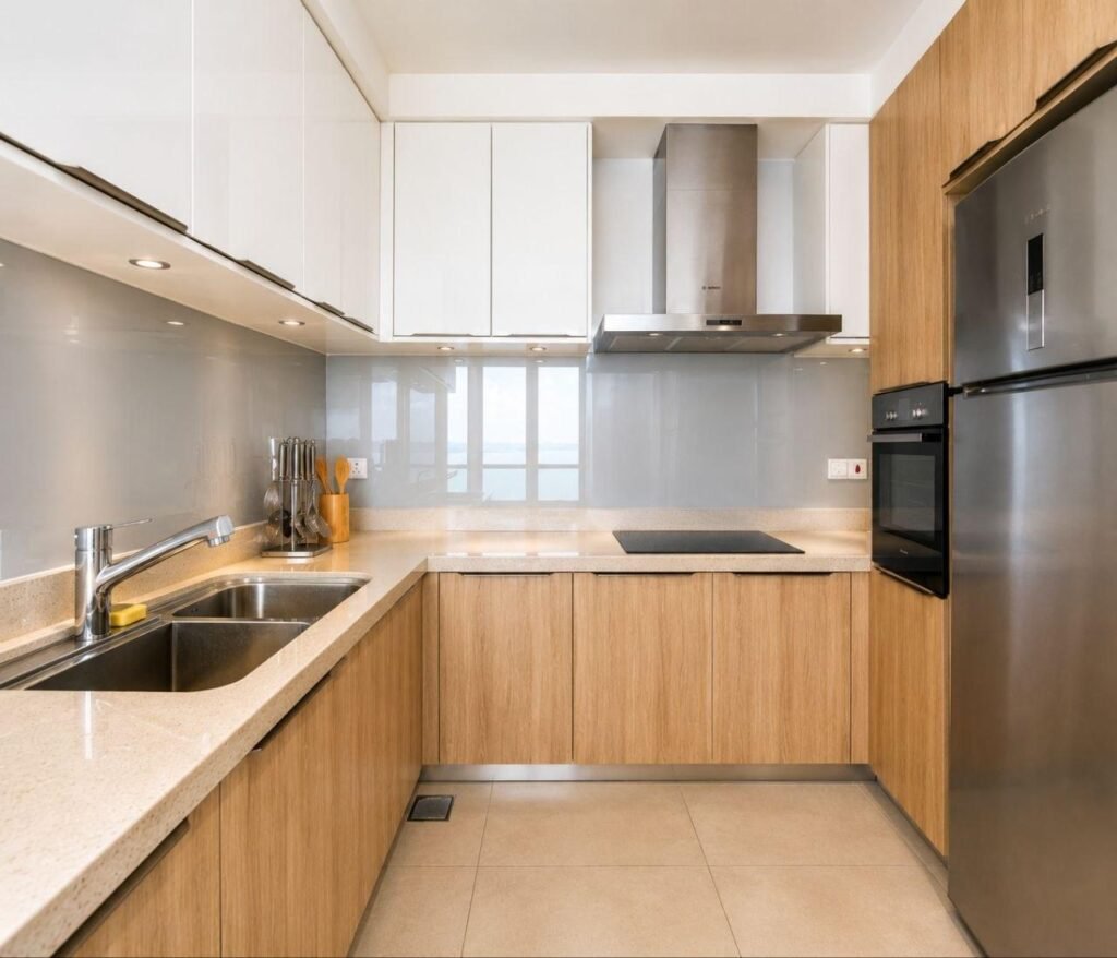 Modern kitchen with built-in cabinetry and appliances