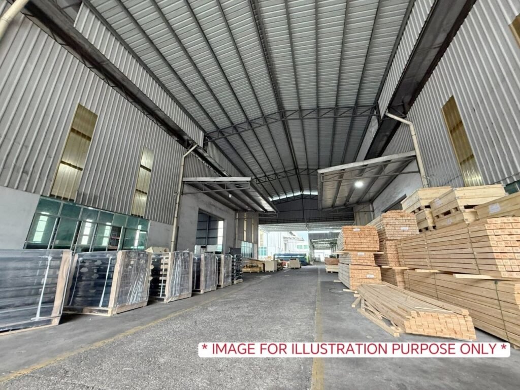 Factory storage area with pallets and packaged materials
