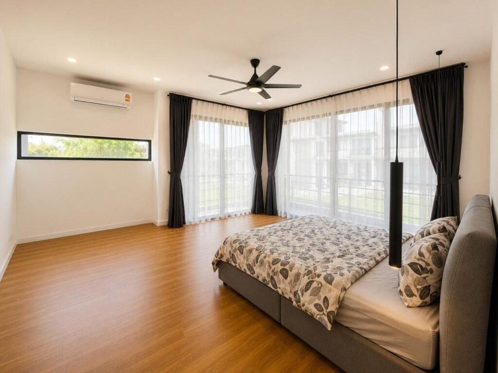 Bedroom with bed, curtains, ceiling fan, and large corner windows