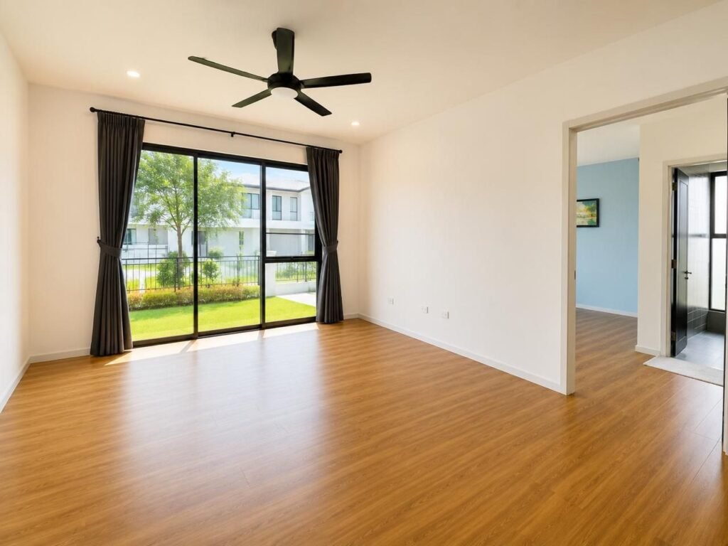 Spacious empty room with windows and wood-look flooring