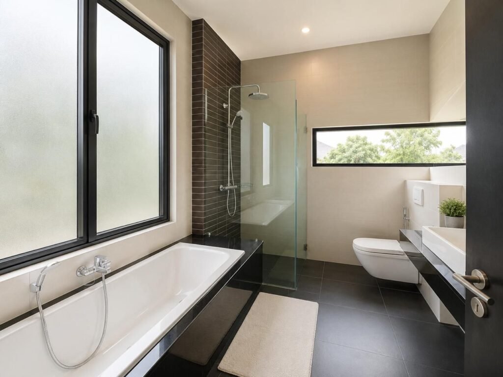 View over landscaped greenery and neighboring houses from an upper-level balcony or terrace